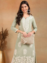 Women Green Viscose Rayon Solid Embroidered Chikankari Straight Kurta-VCK9779GRN